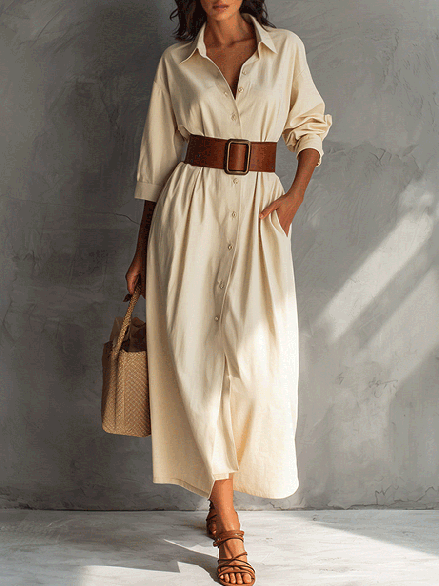 Casual Cream Tie Shirt Maxi Dress
