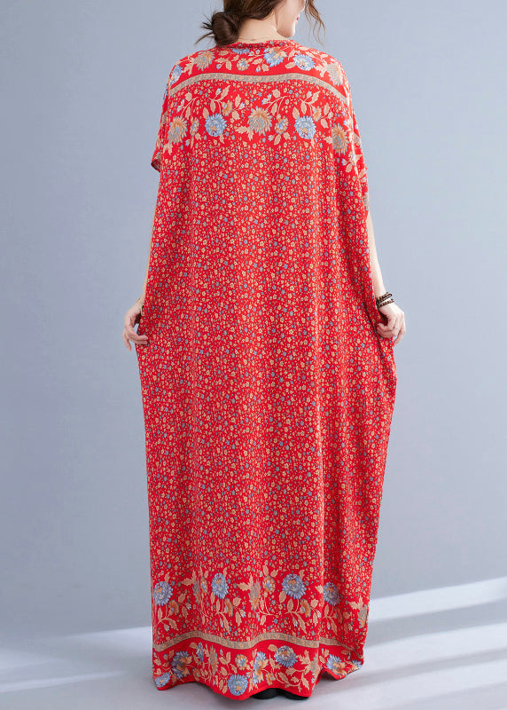 Floral Border Print V-Neck Drop Shoulder Short Sleeve Loose Maxi Dress
