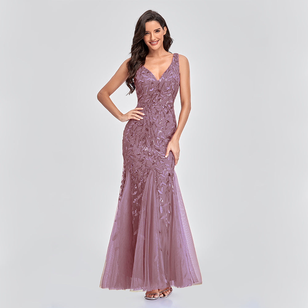 Sequin V-Neck Sleeveless Mermaid Maxi Evening Gown