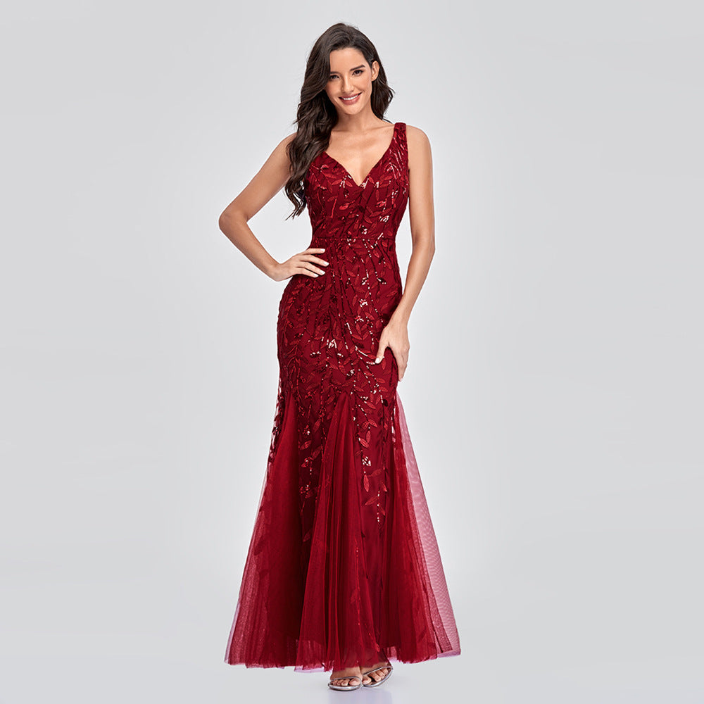 Sequin V-Neck Sleeveless Mermaid Maxi Evening Gown