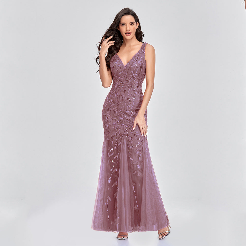 Sequin V-Neck Sleeveless Mermaid Maxi Evening Gown