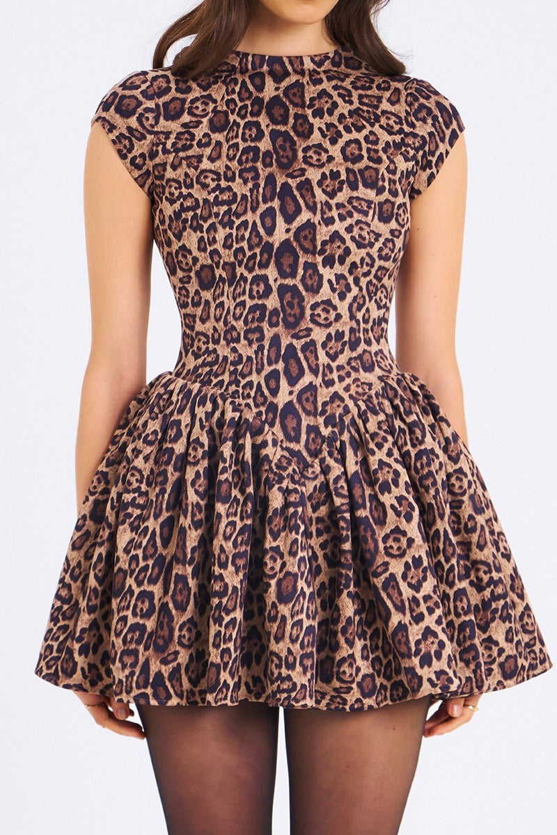 Animal Print Crew Neck Cap Sleeve Dropped Waist Pleated Mini Party Dress