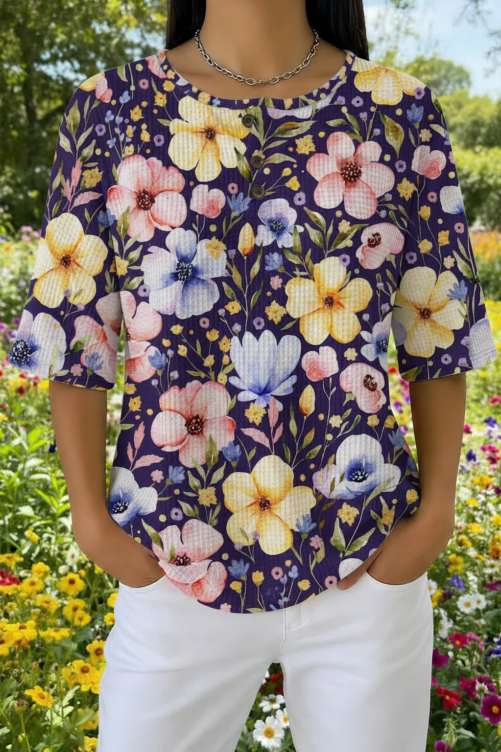 Womens Dark Blue Floral Print Casual Shirt