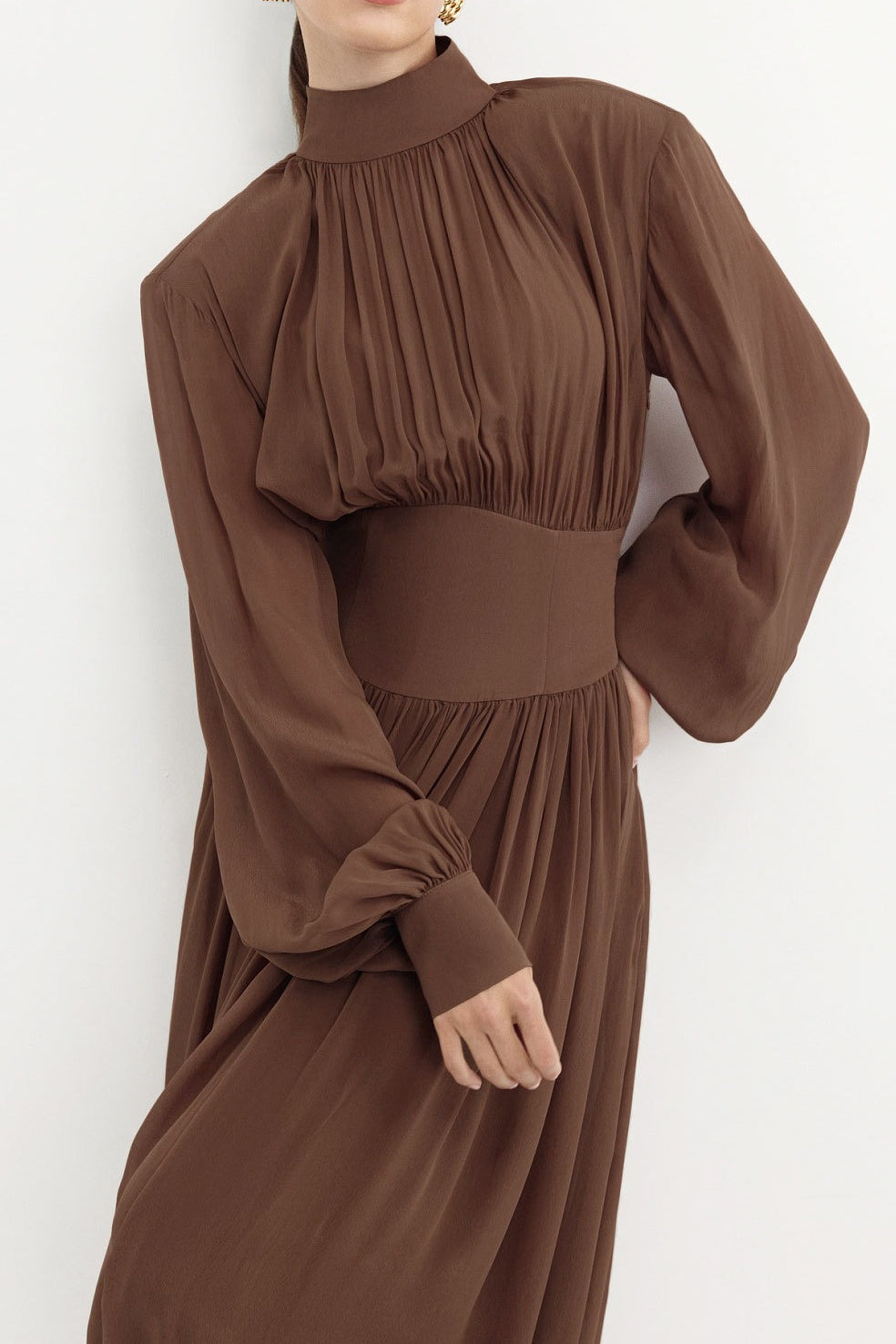 Chiffon Puff Sleeve Ruched Midi Dress - View 3