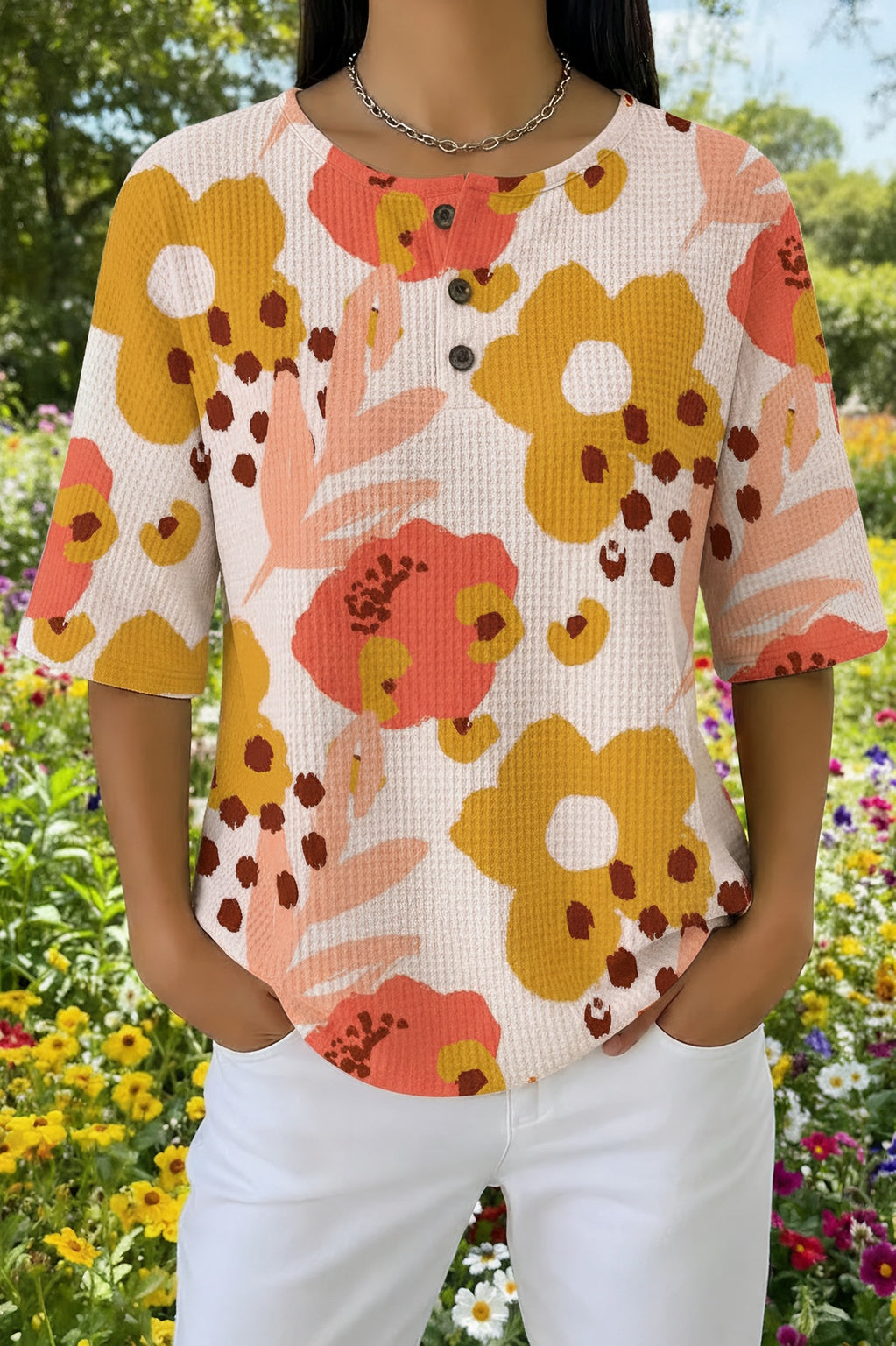 Abstract Floral Print Waffle Knit Henley Short Sleeve Top