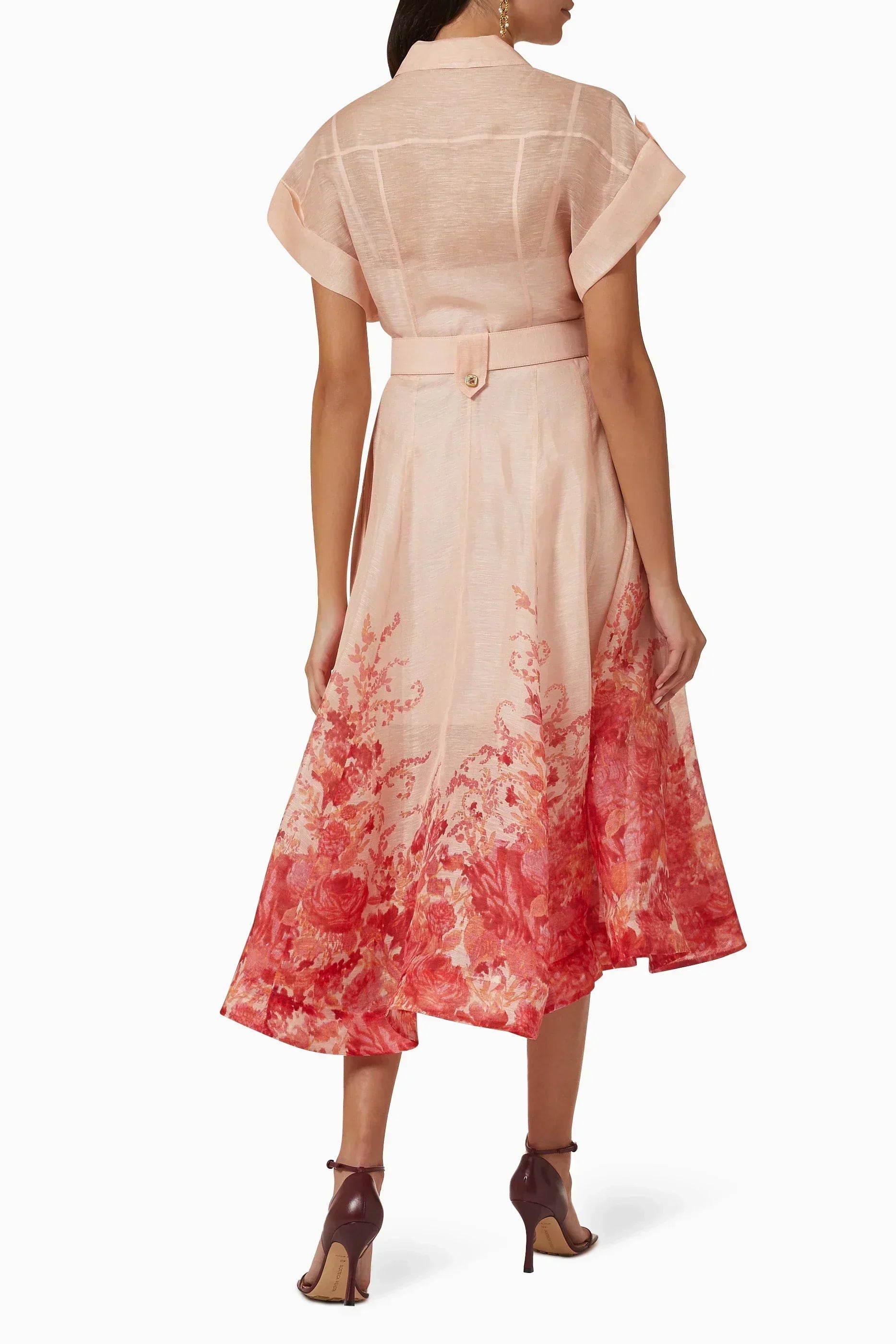 Floral Print Collared Short Sleeve Belted Shirt Midi Dress