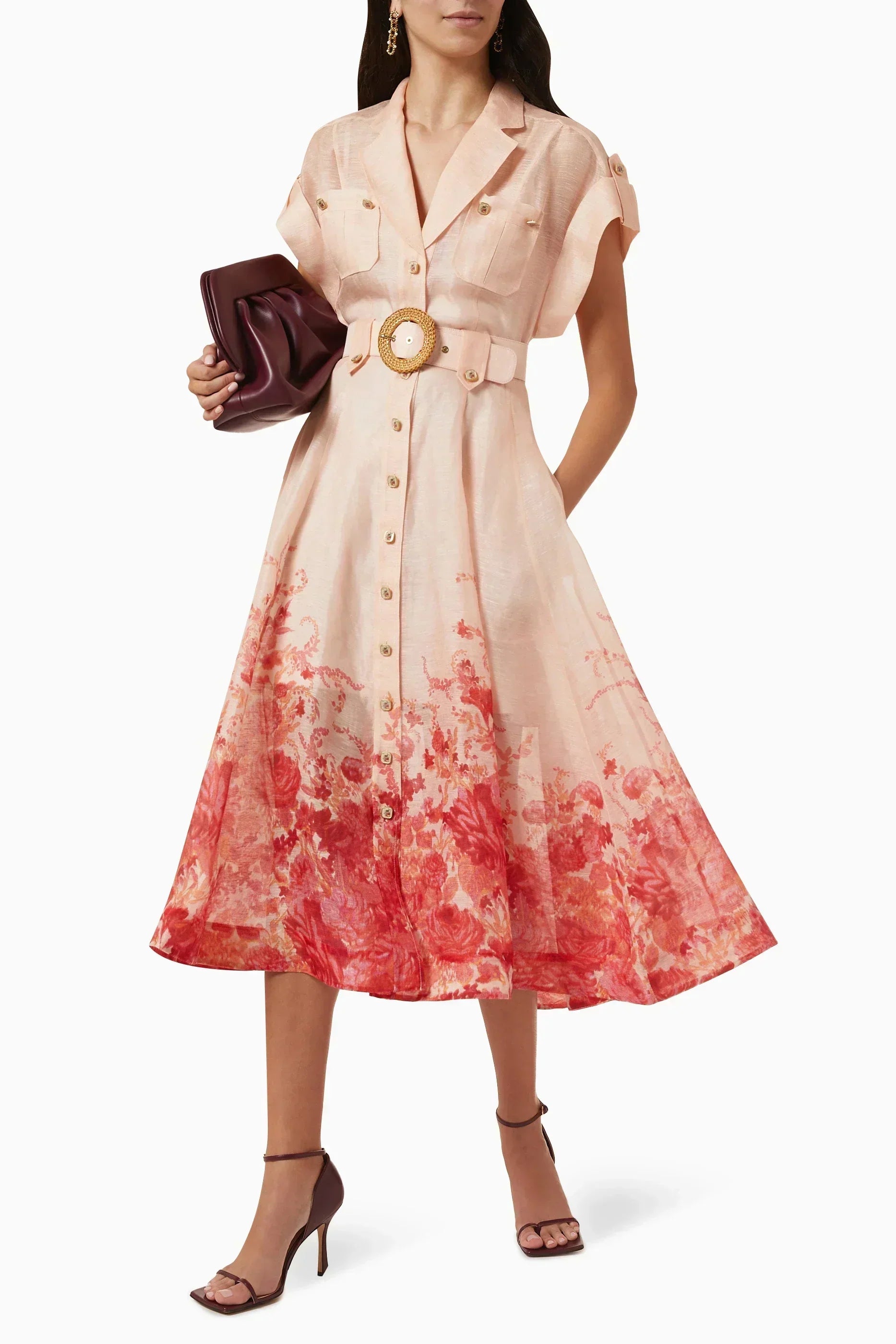Floral Print Collared Short Sleeve Belted Shirt Midi Dress