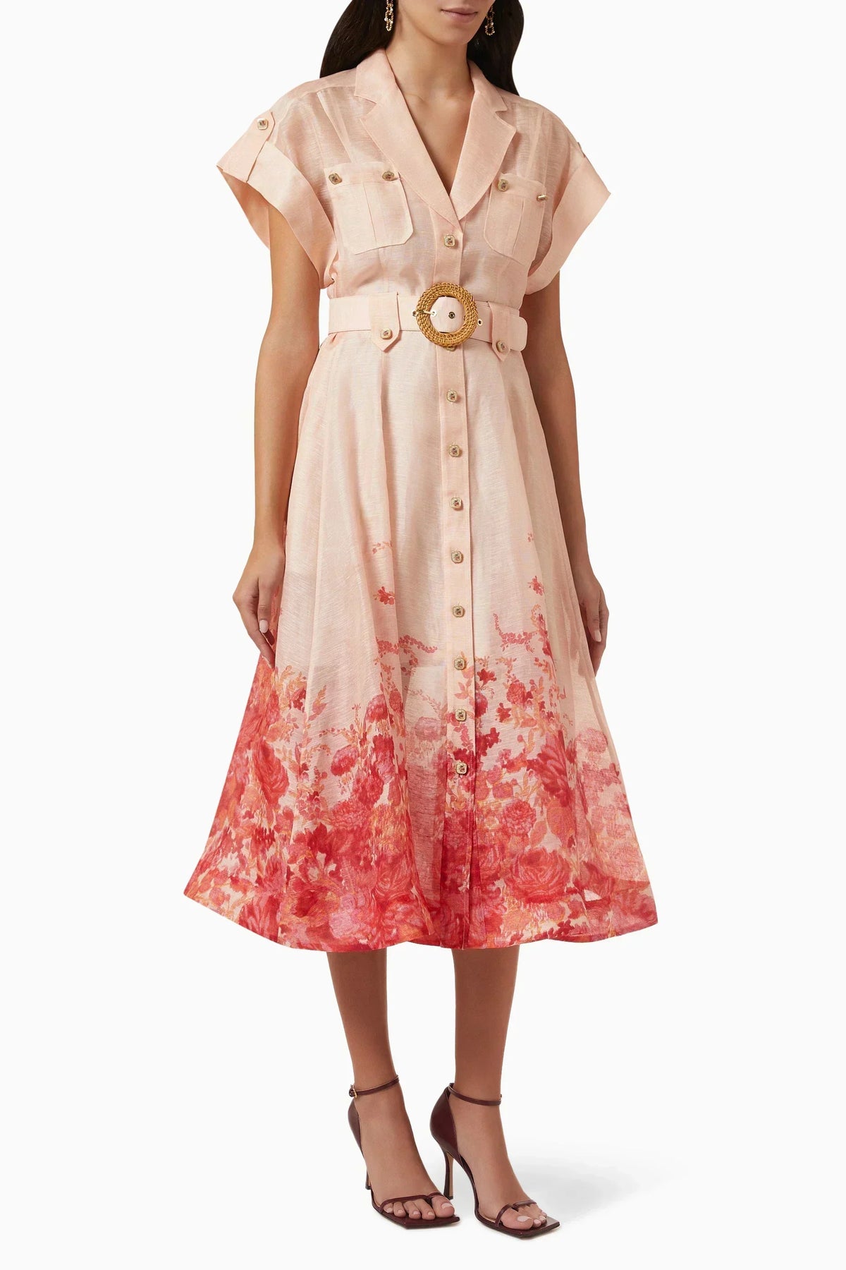 Floral Print Collared Short Sleeve Belted Shirt Midi Dress