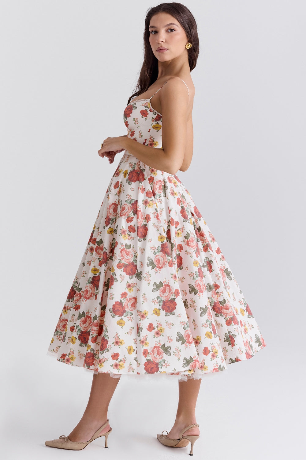 Rose Print Sweetheart Corset Bodice Tulle Underlay Midi Dress 9