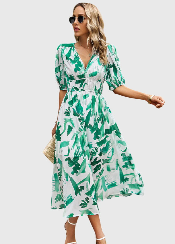 Floral Chiffon Deep V-Neck Puff Sleeve Smocked Maxi Dress 11