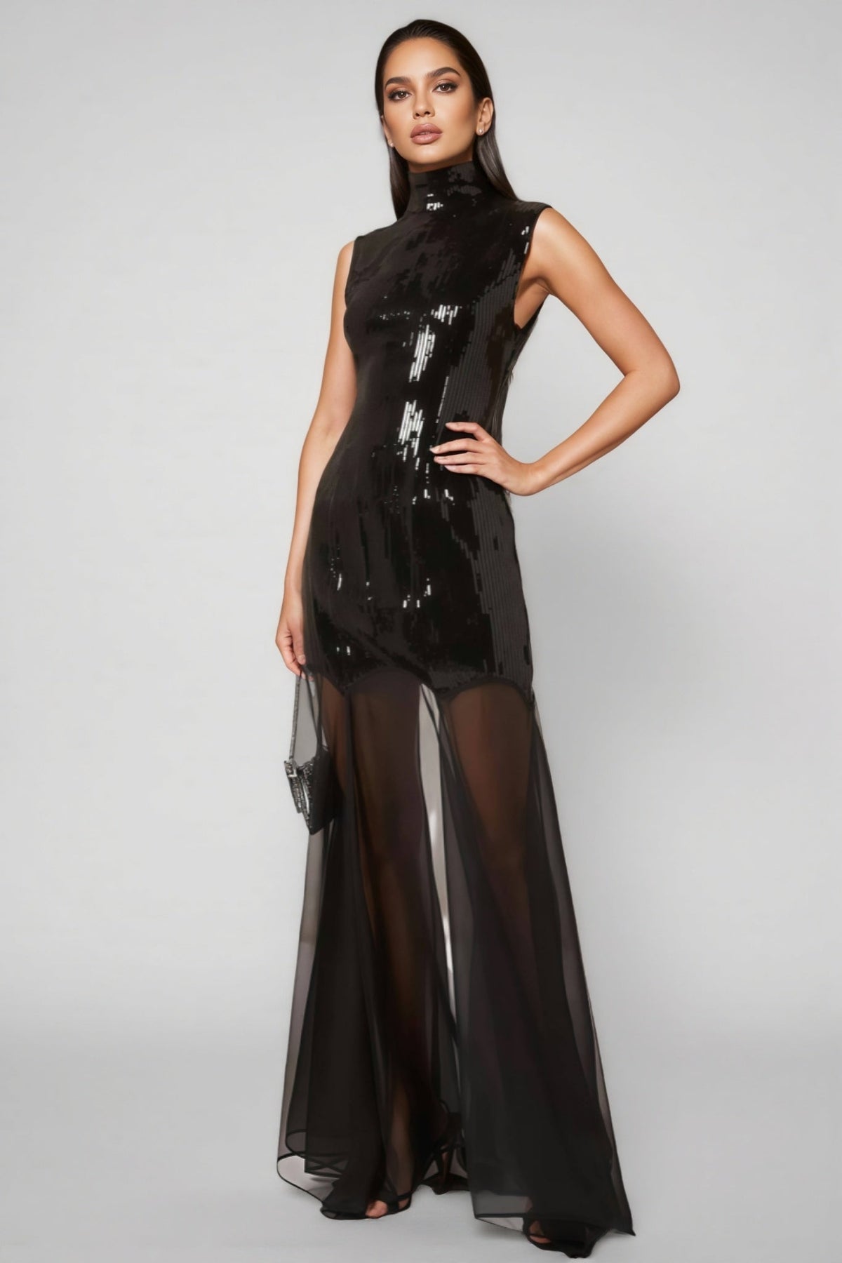 Sequin High Neck Sleeveless Sheer Mesh Hem Maxi Dress