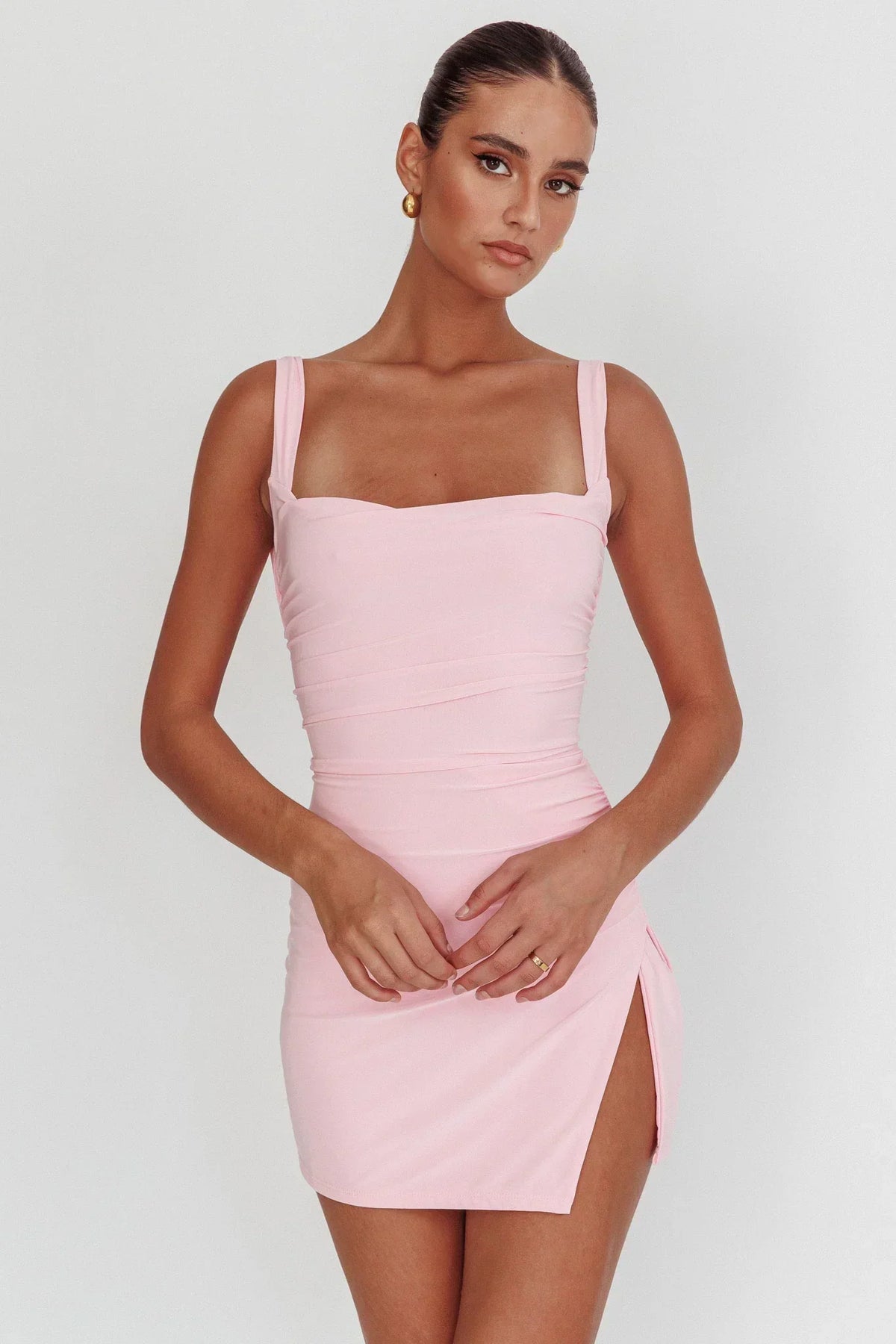 Backless Ruched Square Neck Tie Back Side Split Mini Dress 6
