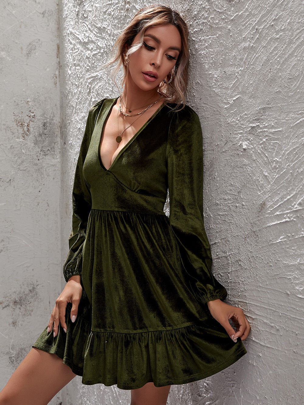Velvet Deep V-Neck Puff Sleeve Ruffle Hem Mini Dress