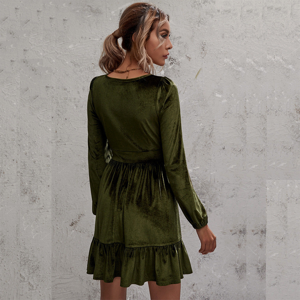 Velvet Deep V-Neck Puff Sleeve Ruffle Hem Mini Dress