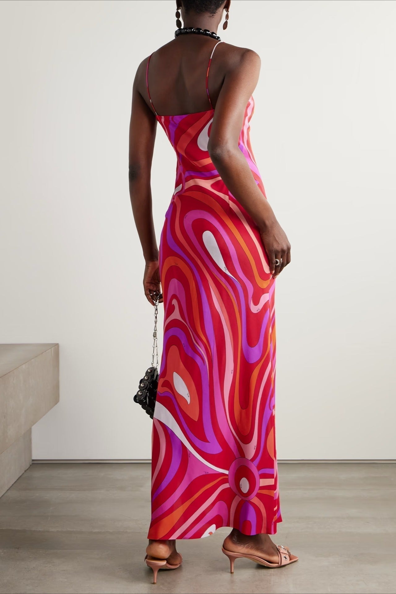 Spaghetti Strap Deep V-Neck Abstract Print Satin Slip Maxi Dress