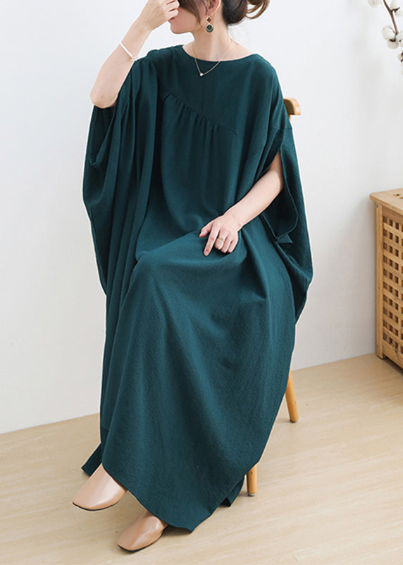 Crew Neck Batwing Sleeve Diagonal Seam Gathered Oversized Crinkled Maxi Dress