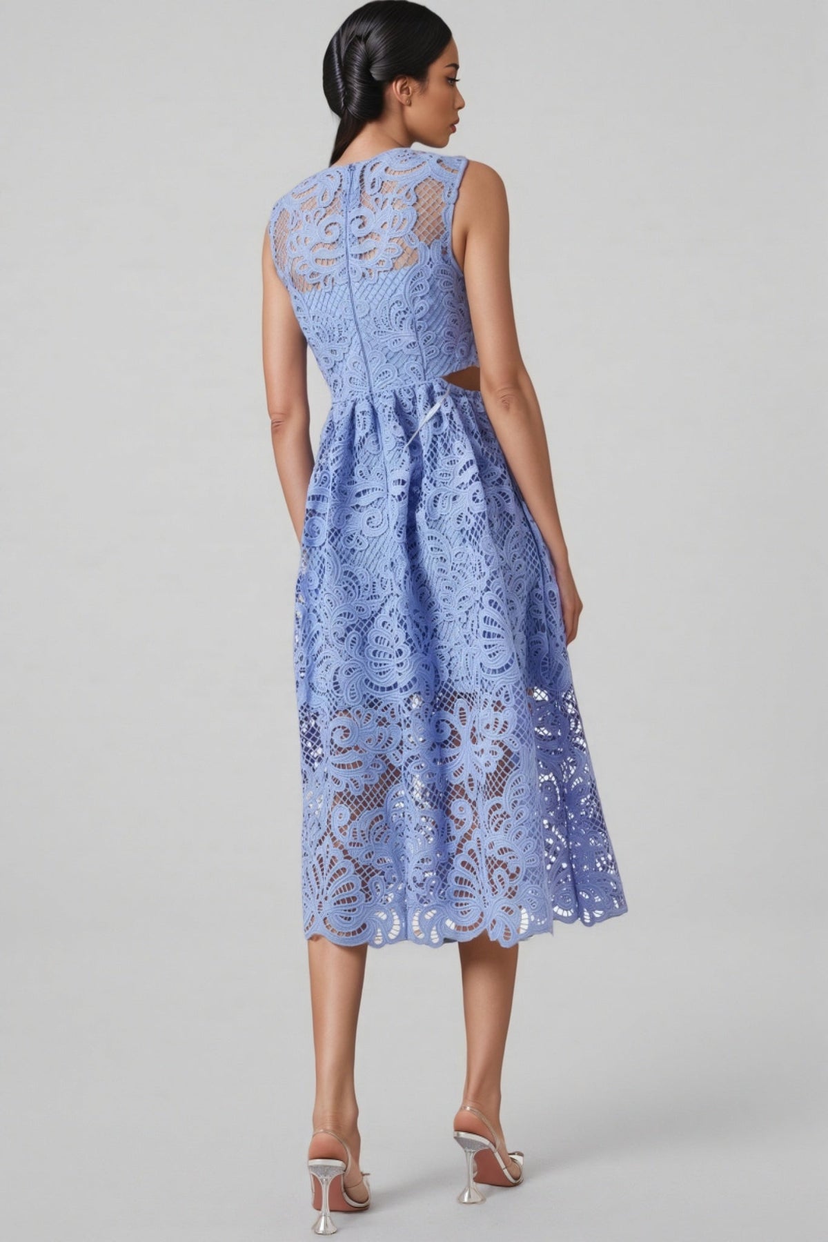 Sleeveless Crew Neck Guipure Lace Side Cut Out A-Line Midi Dress 3