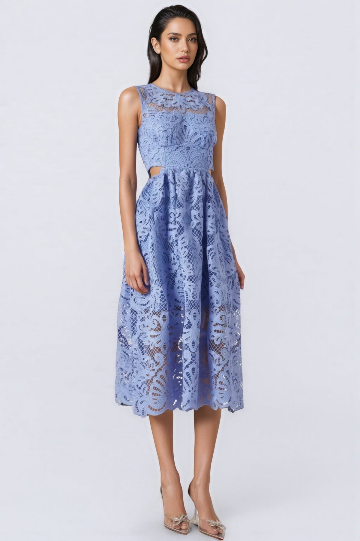 Sleeveless Crew Neck Guipure Lace Side Cut Out A-Line Midi Dress