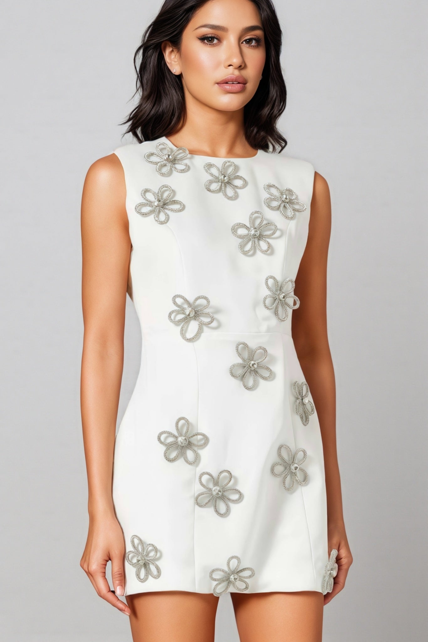 Metallic Floral Appliqué Crew Neck Sleeveless Fitted Mini Dress