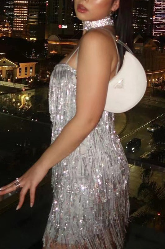 Sequin Spaghetti Strap Tiered Tassel Fringe Bodycon Mini Dress