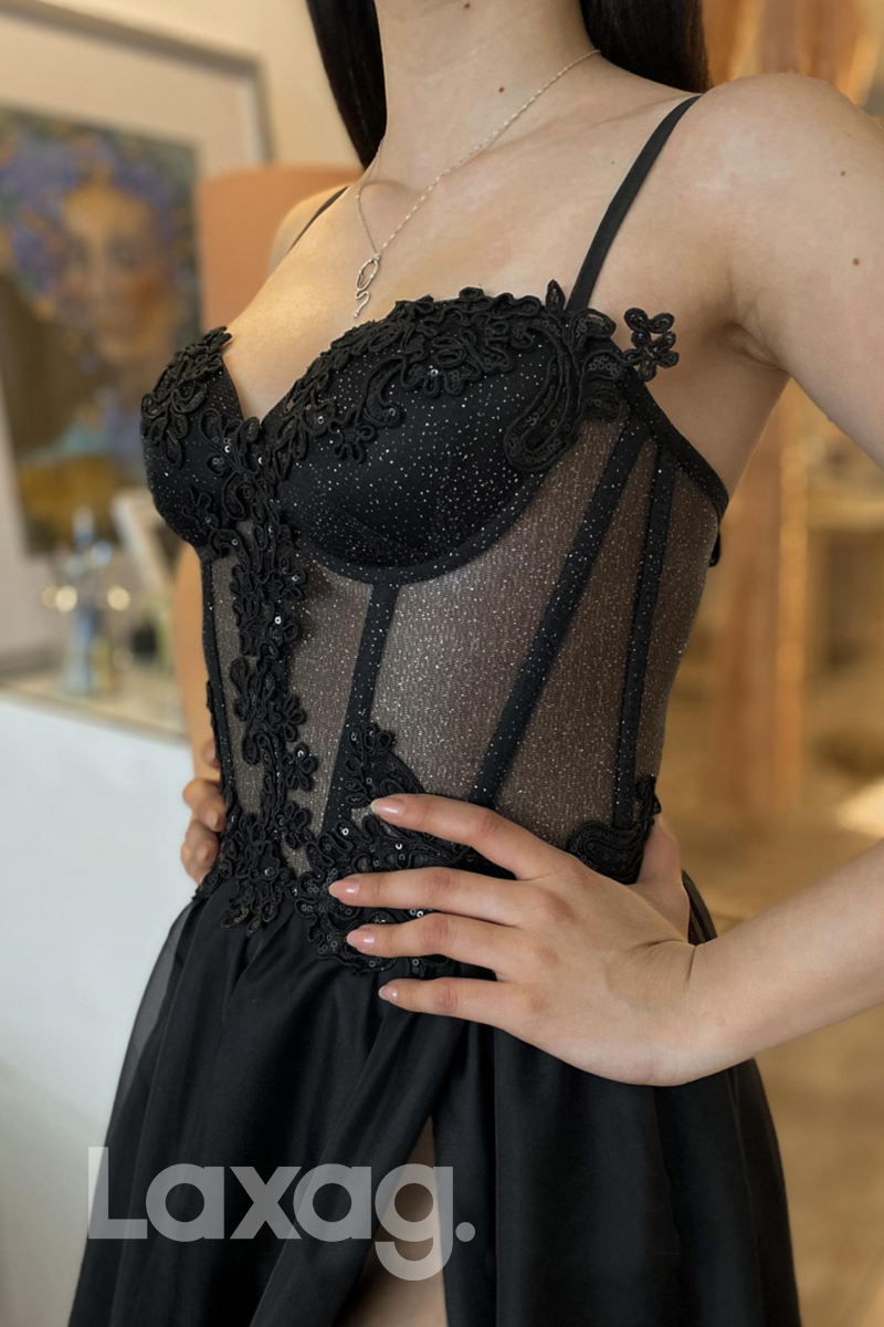 21805 - Spaghetti Thigh Slit Lace Appliques Black Prom Dress