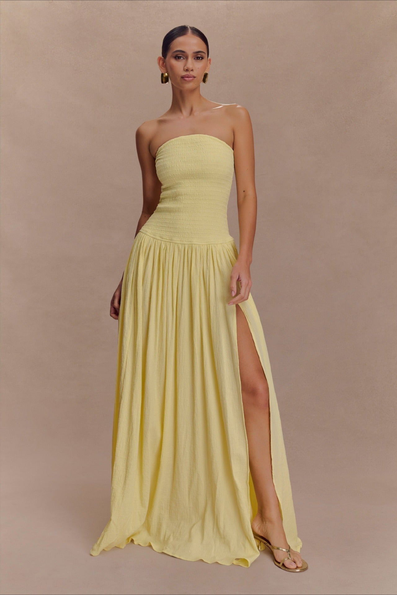 Strapless Ruched High Split Flowy Maxi Prom Dress