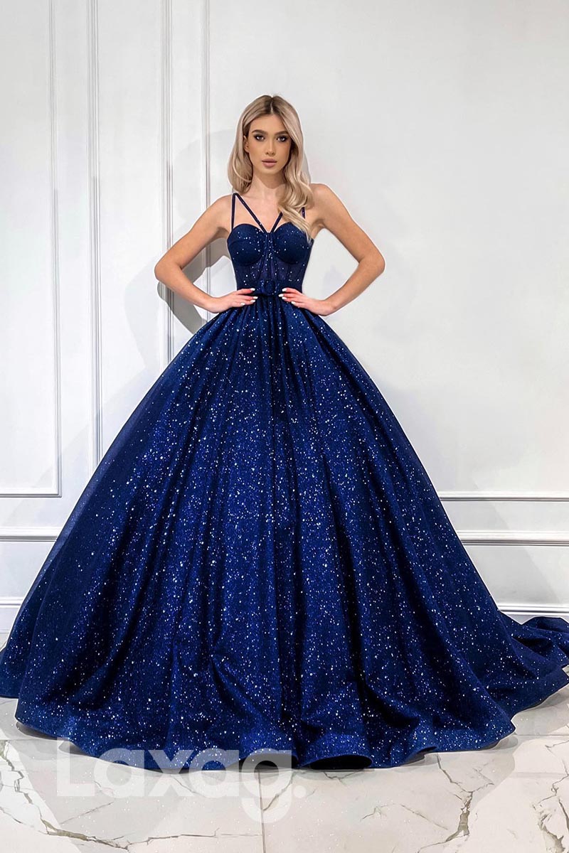 21882 - Straps Blue Glitter Ball Gown Prom Evening Dress