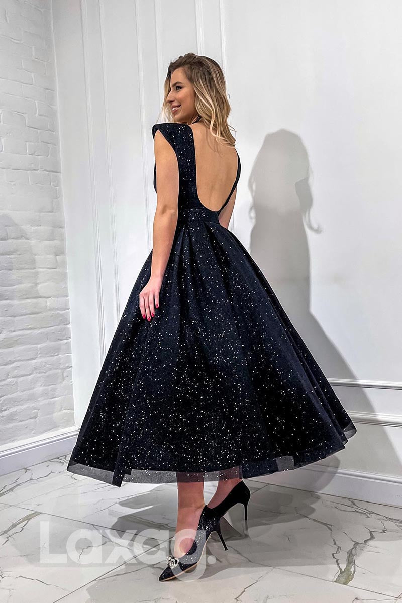 21885 - Glitter V Neck Backless Ankle Length Prom Evening Dress