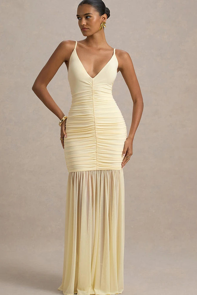 Patchwork V Neck Ruched Backless Maxi Dress