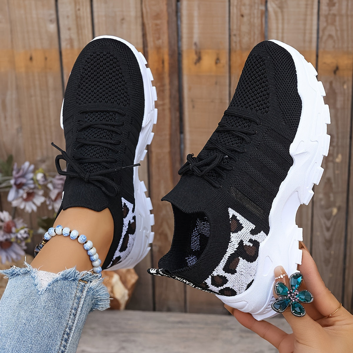 Lace Up Leopard Print Knit Chunky Sneakers