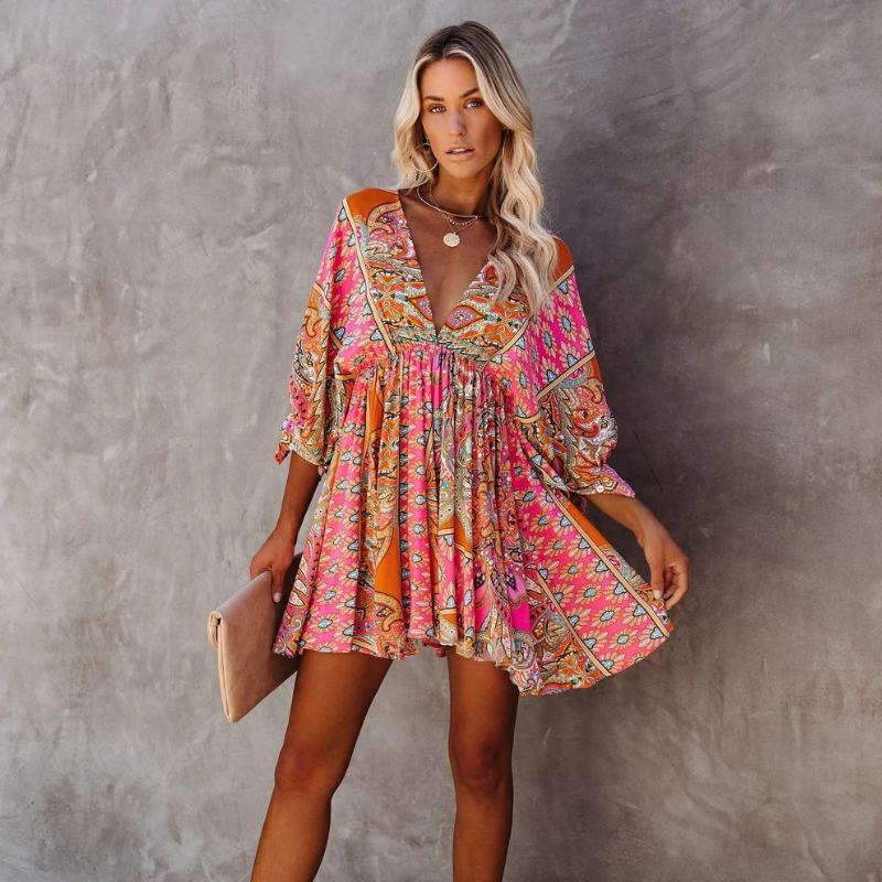 Paisley Print Deep V Back Tie Back Lantern Sleeve Fit and Flare Mini Dress