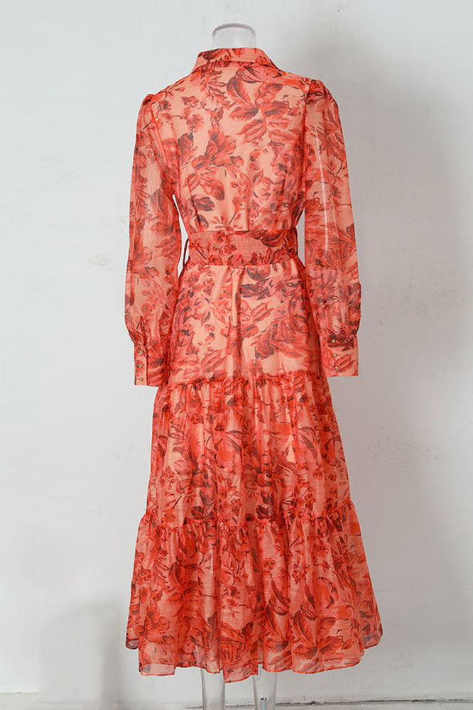 Floral Balloon Sleeve Collar Button Front Tie Waist Tiered Maxi Shirt Dress