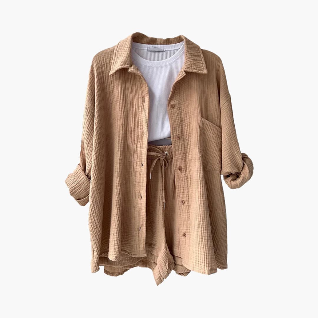 Button Front Shirt and Drawstring Shorts Two Piece Set