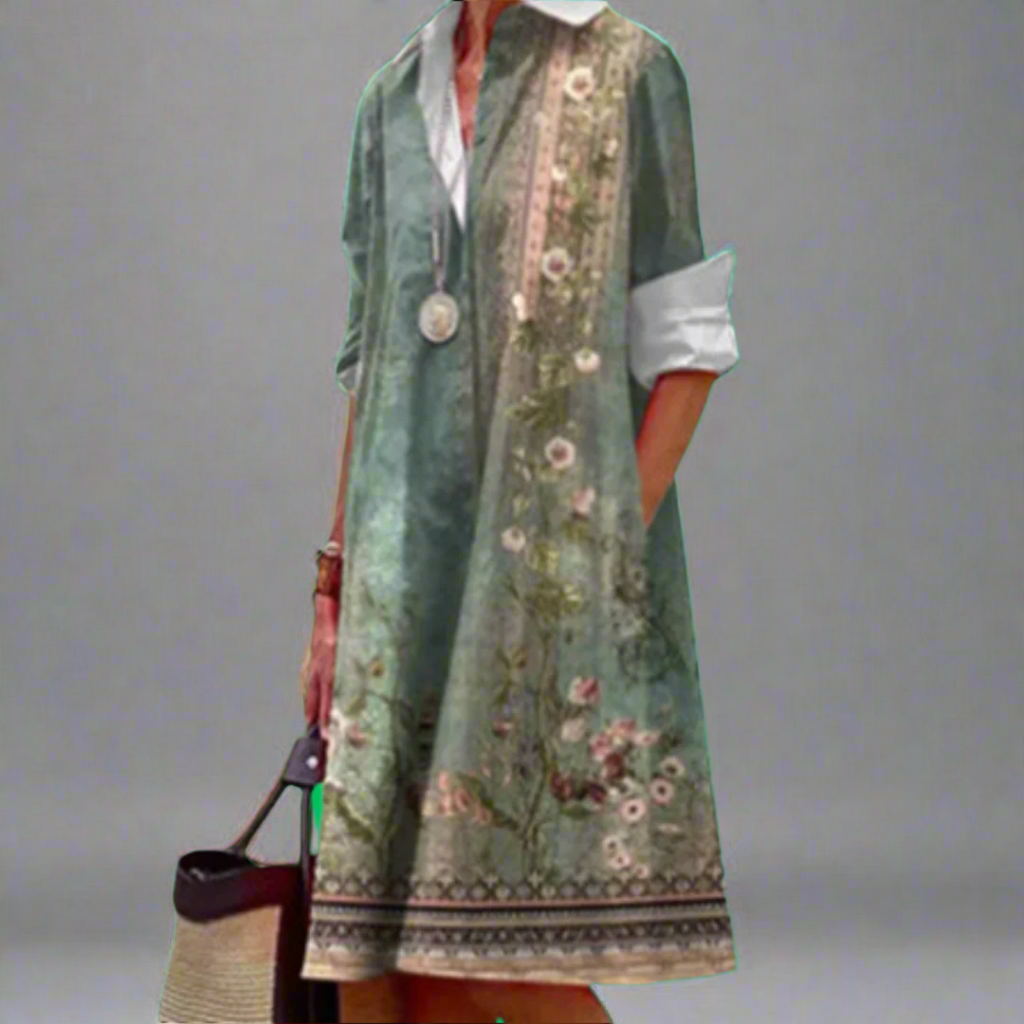 Kaia - Chic Long Sleeve Turn-Down Collar Shirt Dress Dark Green