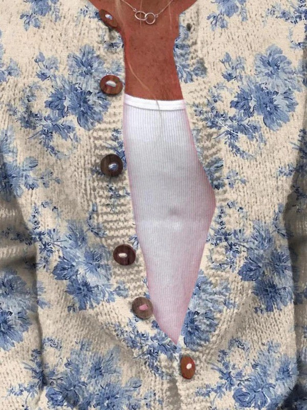Floral Round Neck Button Front Knit Cardigan