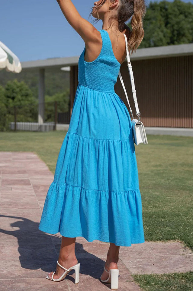 One Shoulder Smocked Bodice Sleeveless Tiered Midi Summer Dress 11