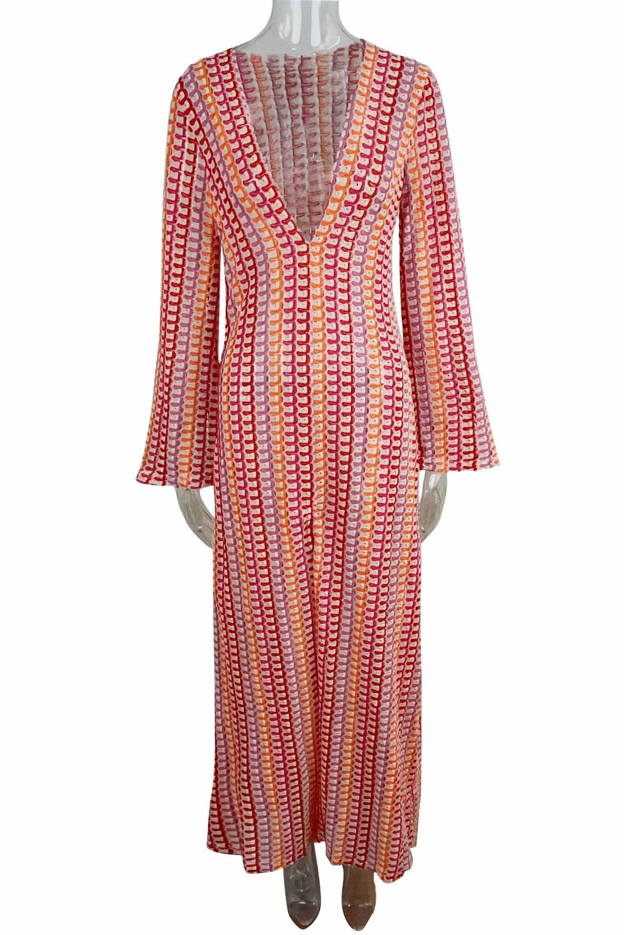 Crochet Deep V-Neck Long Sleeve Striped Boho Maxi Dress