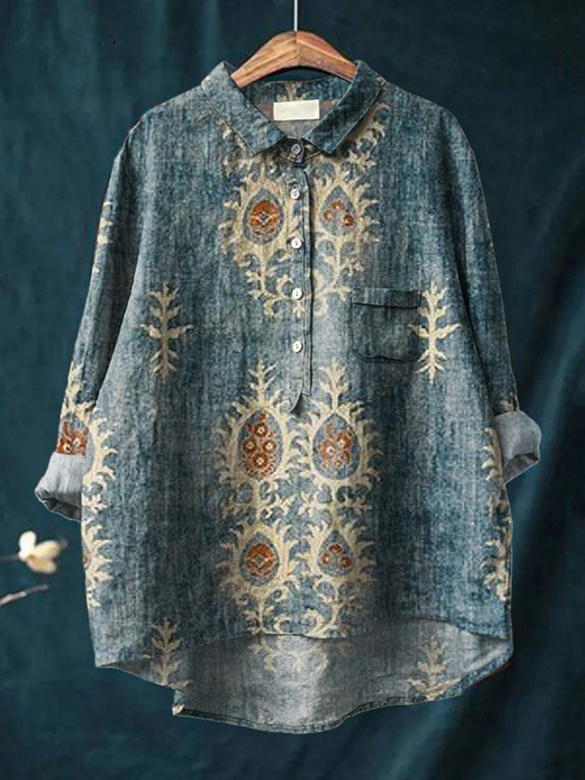 Paisley Print Collared Button Front Long Sleeve Blouse
