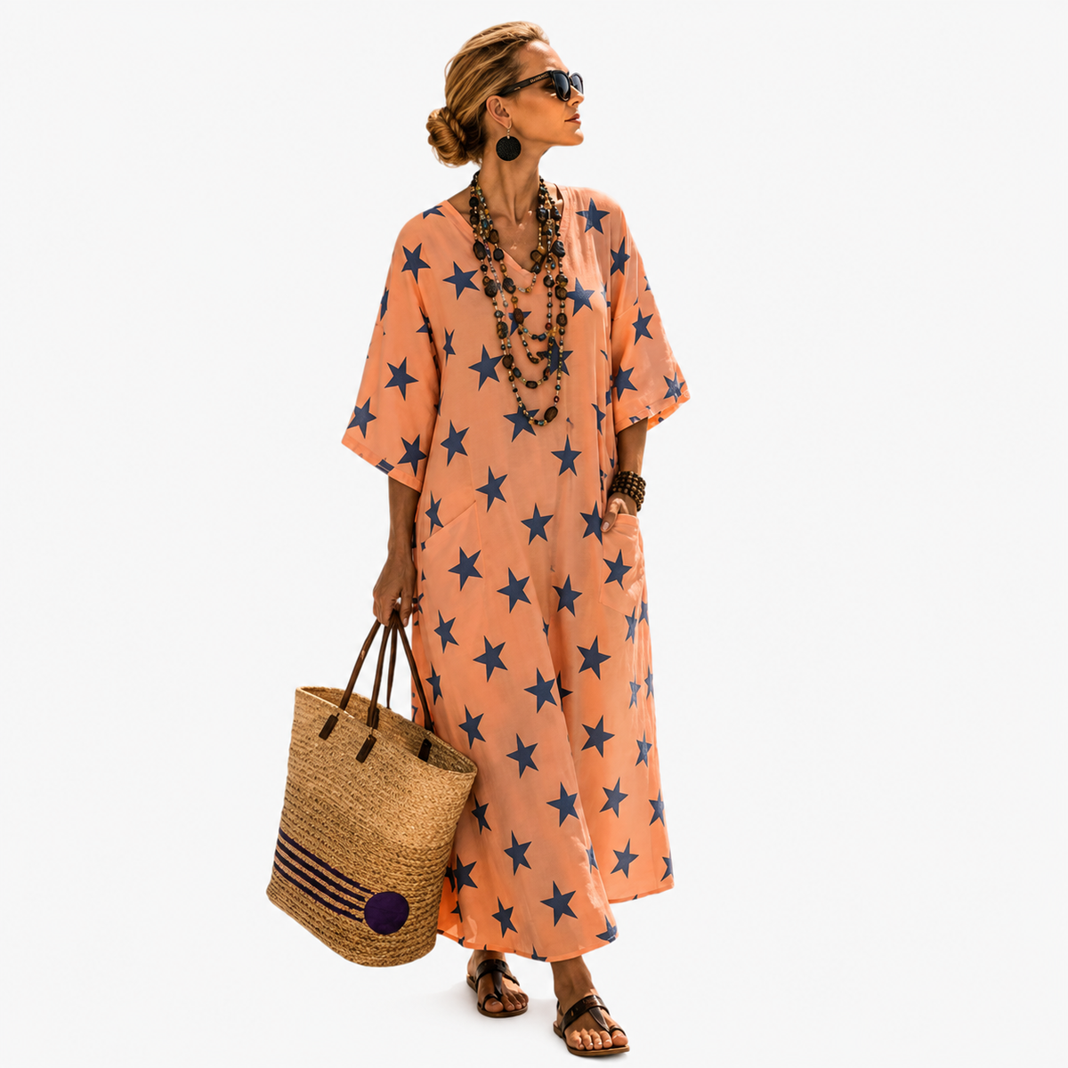 Star Print V-Neck Short Sleeve Kaftan Maxi Dress
