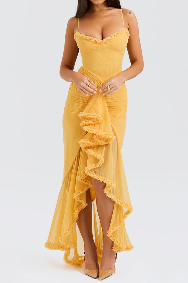 Chiffon Spaghetti Strap Sweetheart Ruched Cascading Ruffle High Low Gown