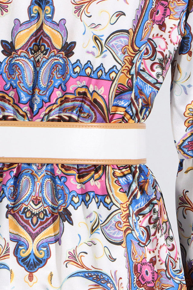 Paisley Print V-Neck Mini Dress With Belt