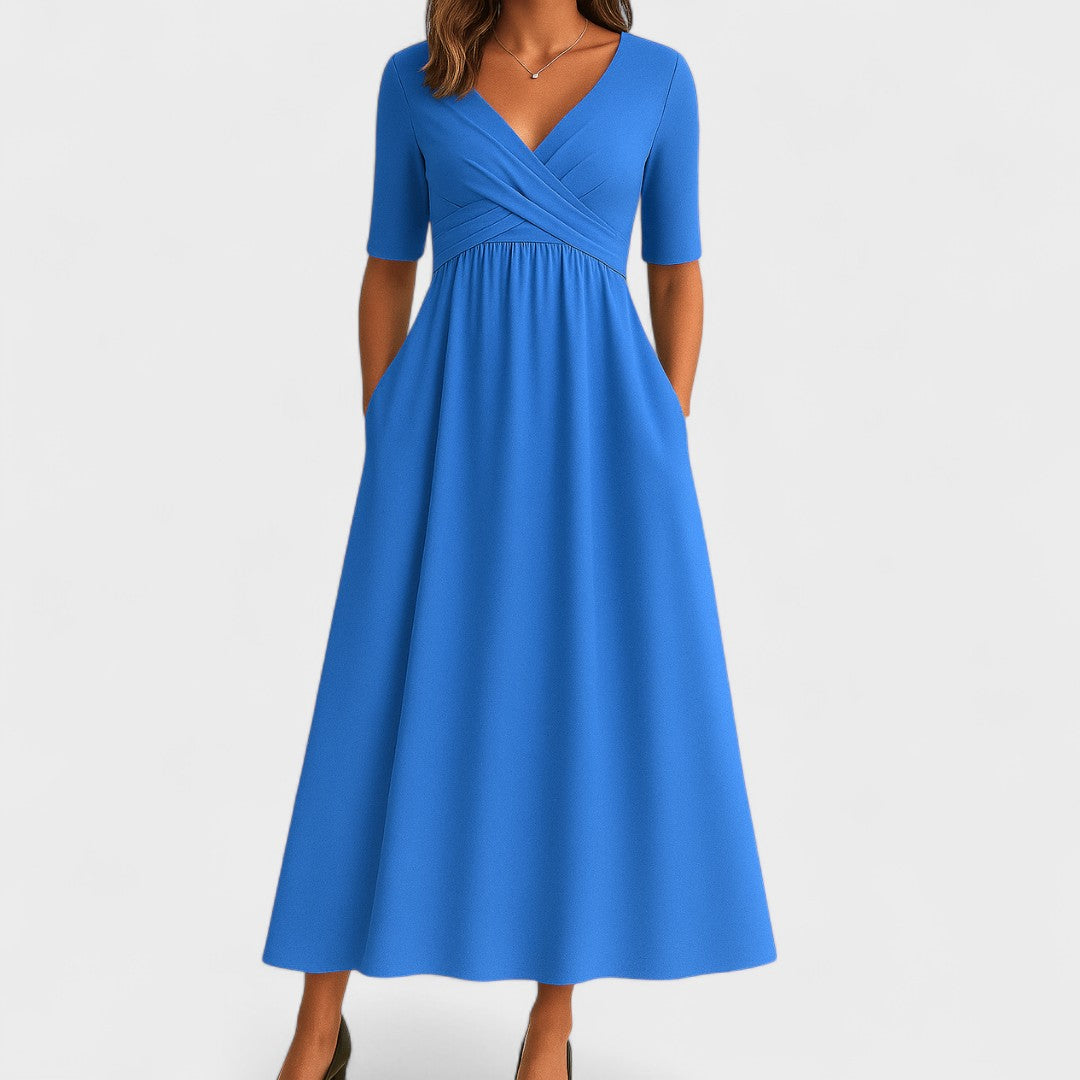 V-Neck Short Sleeve Fit and Flare Midi Dress 4