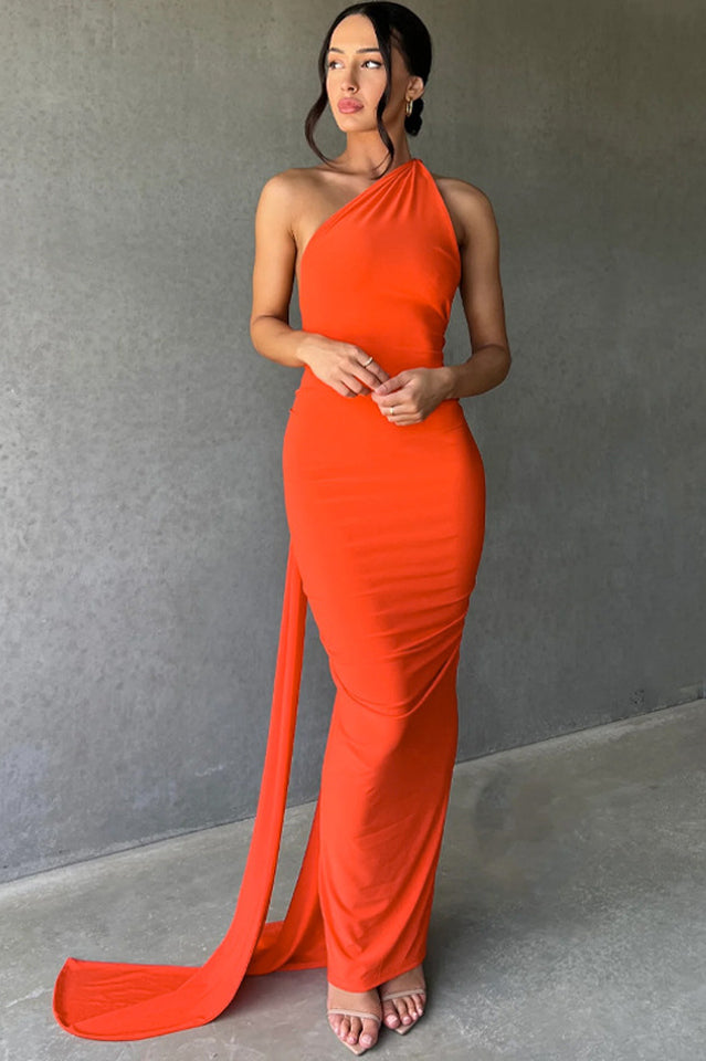 One Shoulder Ruched Open Back Trailing Sash Floor Length Gown