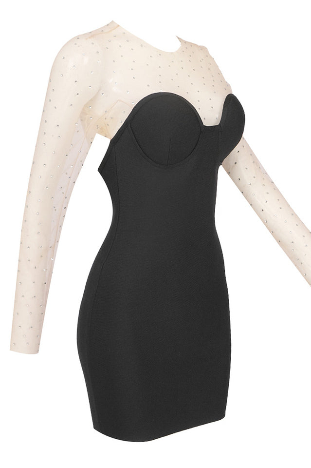 Rhinestone Sheer Mesh Long Sleeve Sweetheart Bodycon Mini Dress 15