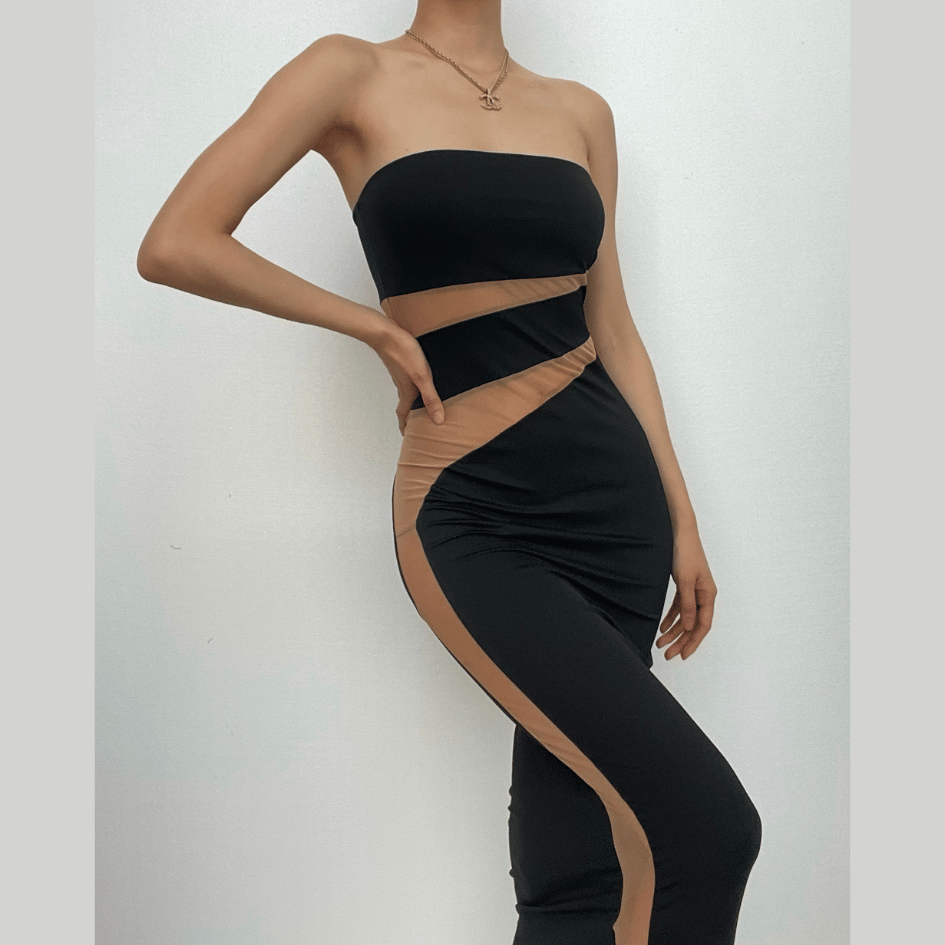 Strapless Tube Contrast Mesh Panel Cut Out Bodycon Dress