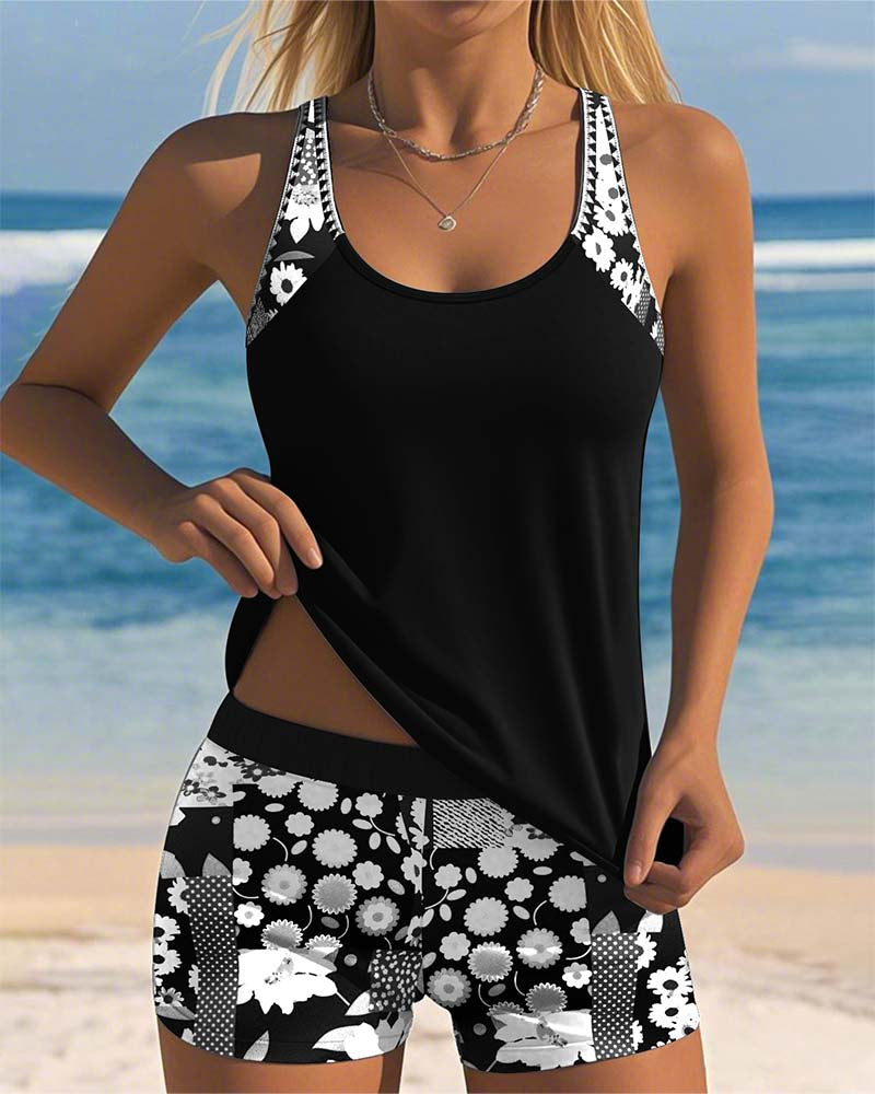 Floral Print Adjustable Strap Tankini Top and Shorts Swimsuit Set