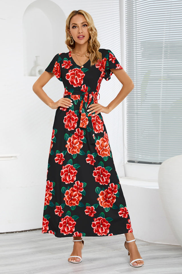 V-Neck Vacation A-line Midi Dress