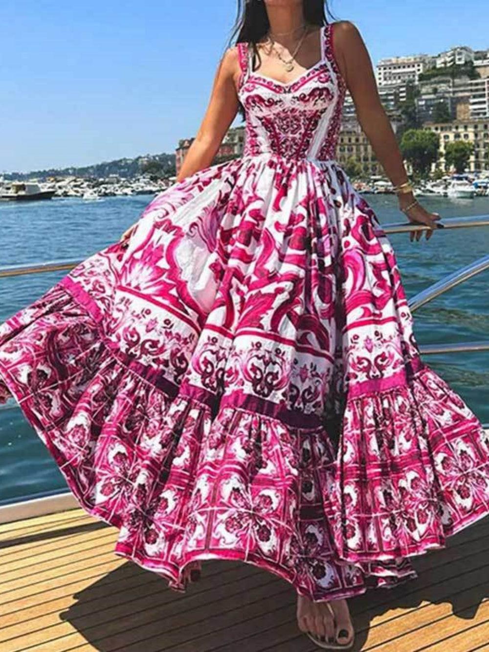 Printed Shirred Strap Maxi Dress Pink