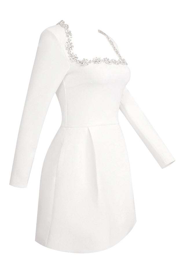 Rhinestone Trim Square Neck Long Sleeve Pleated Pocket Mini Dress