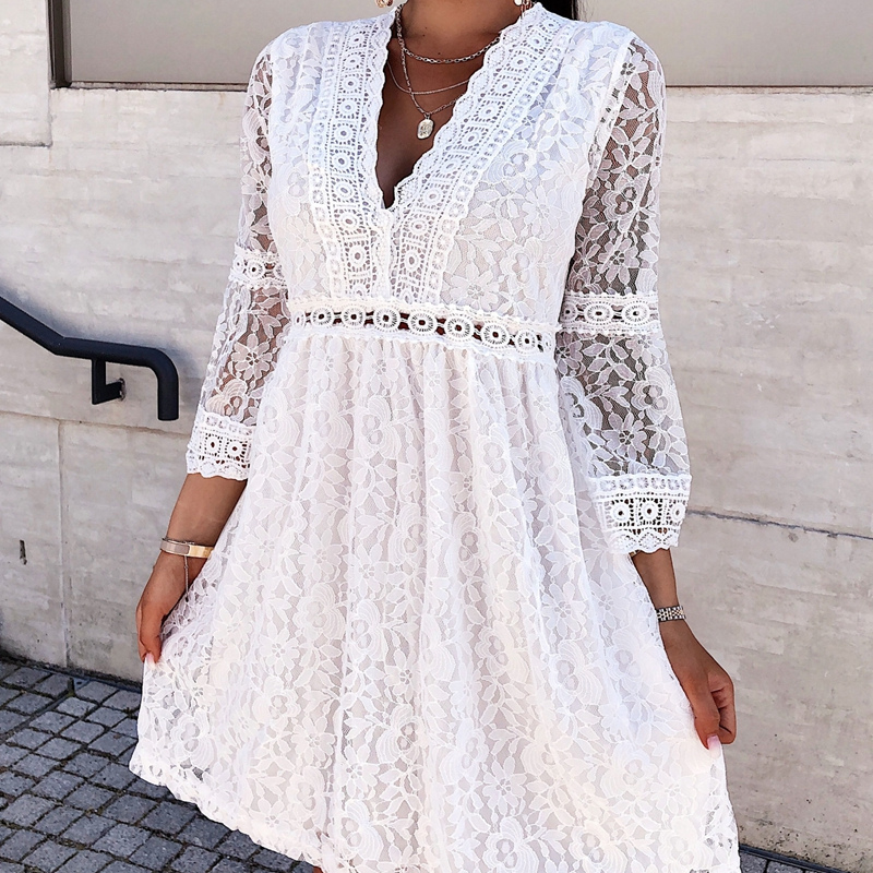 Floral Lace Deep V-Neck 3/4 Sleeve Crochet Trim Waistband A-Line Mini Dress